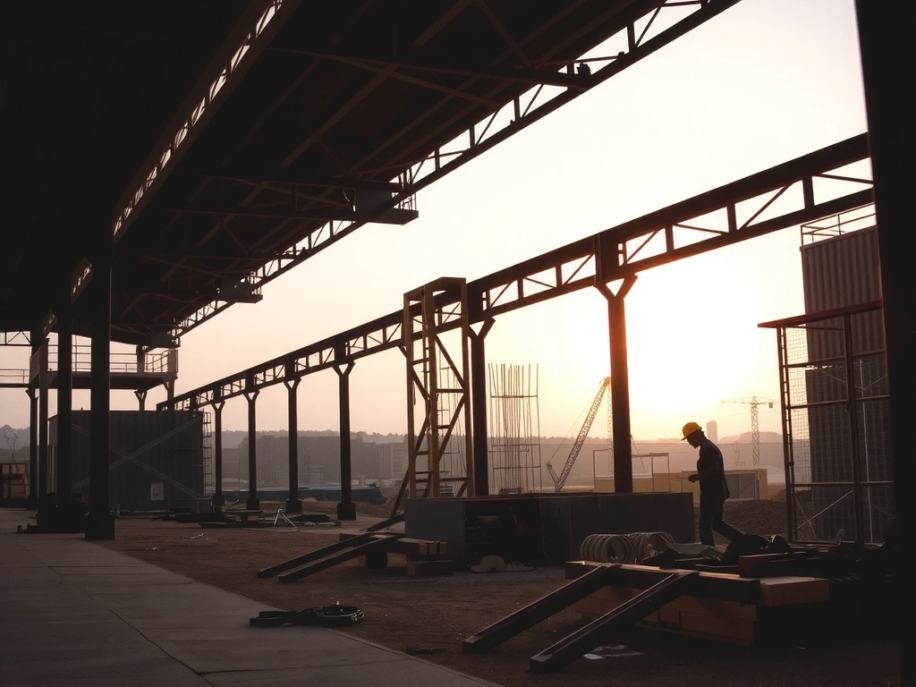 Estructura de acero al amanecer en obra